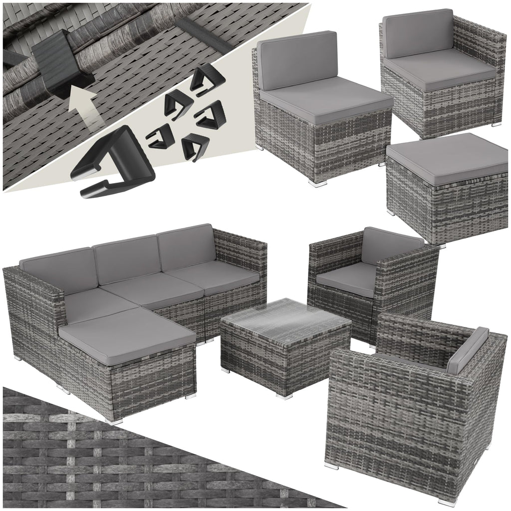 tectake Gartenmöbel Set Poly Rattan mit Sofa, Sesseln, Hocker & Tisch, modulare Gartenlounge wetterfest für Garten, Terrasse & Balkon
