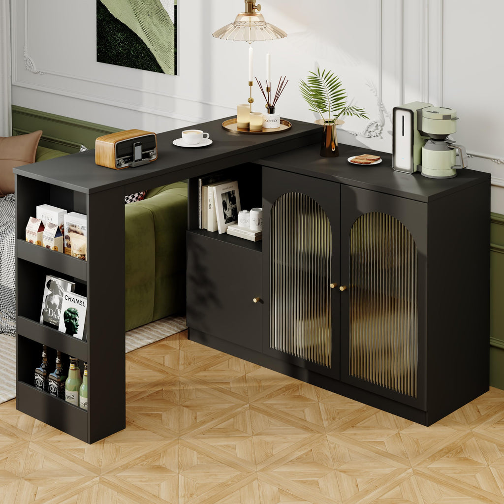 Merax Ausziehbarer Bartisch mit Stauraum, 360° drehbarer Beweglicher Bartisch Küchentheke Kücheninsel Kaffeeecke, mit Offene Ablagefächer, Glasschiebetür, Weiß/120-180 x 45 x 103 cm
