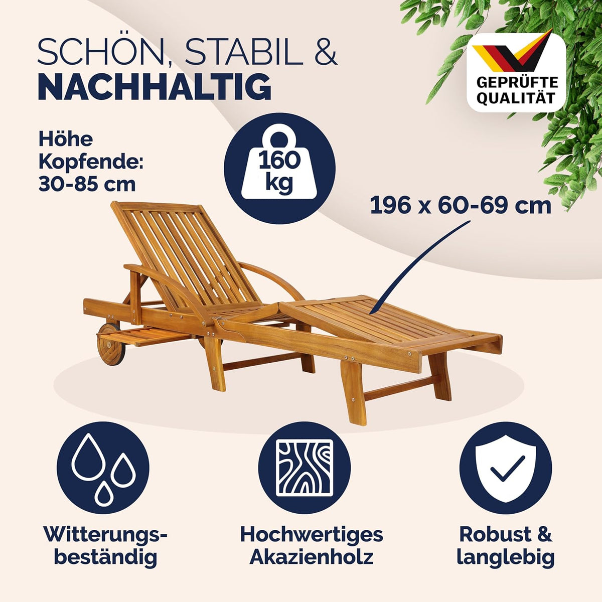 Casaria Sonnenliege 2er Set Akazienholz Braun – Klappbare Gartenliege mit Rädern, Ausziehtisch & verstellbarer Rückenlehne