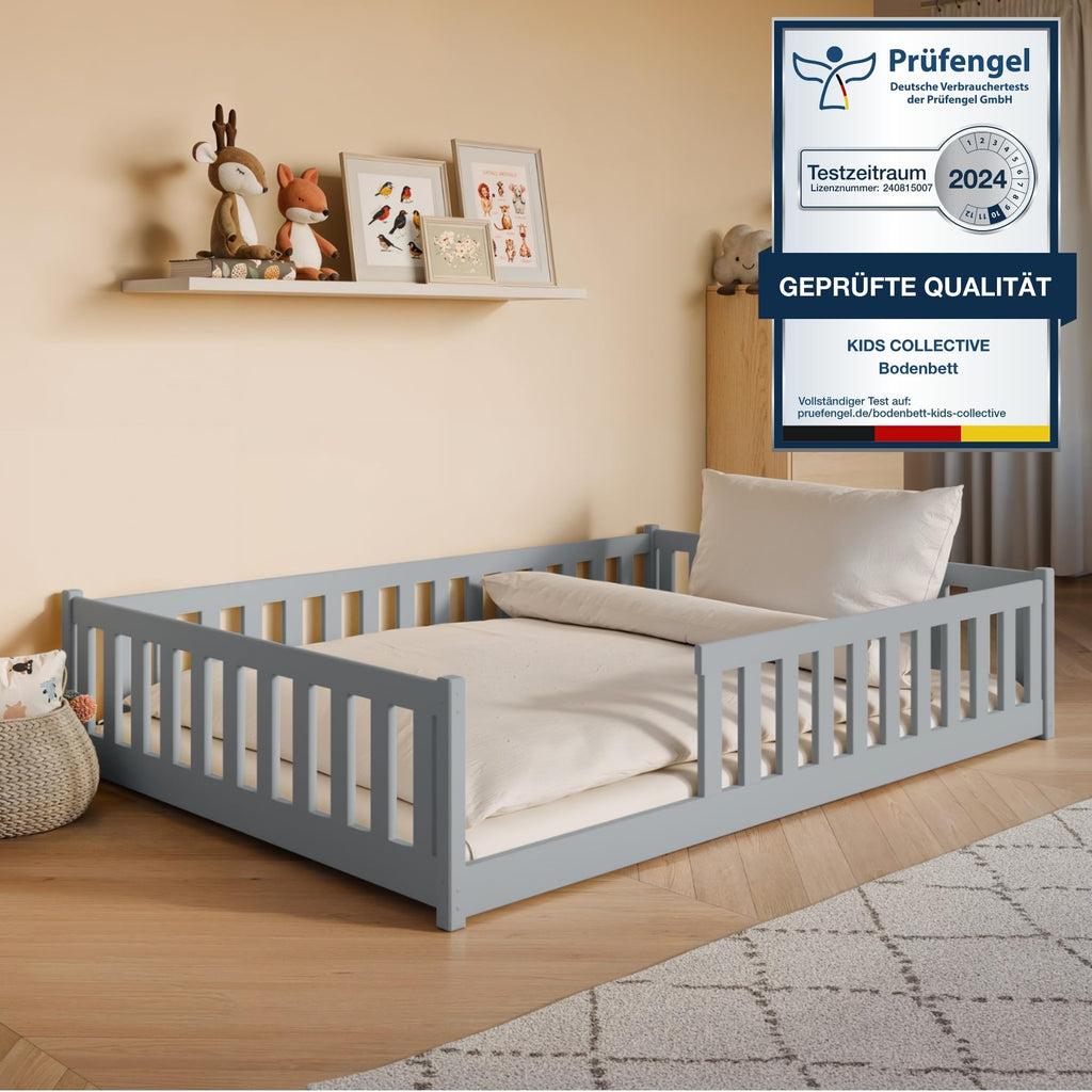 Kids Collective Kinderbett Bodenbett 120x200 cm Bett mit Rausfallschutz & Lattenrost Montessori Bett Bed Gitterbett Kinder Jugendbett Einzelbett | Natur Kiefer Holz massiv Junge Mädchen