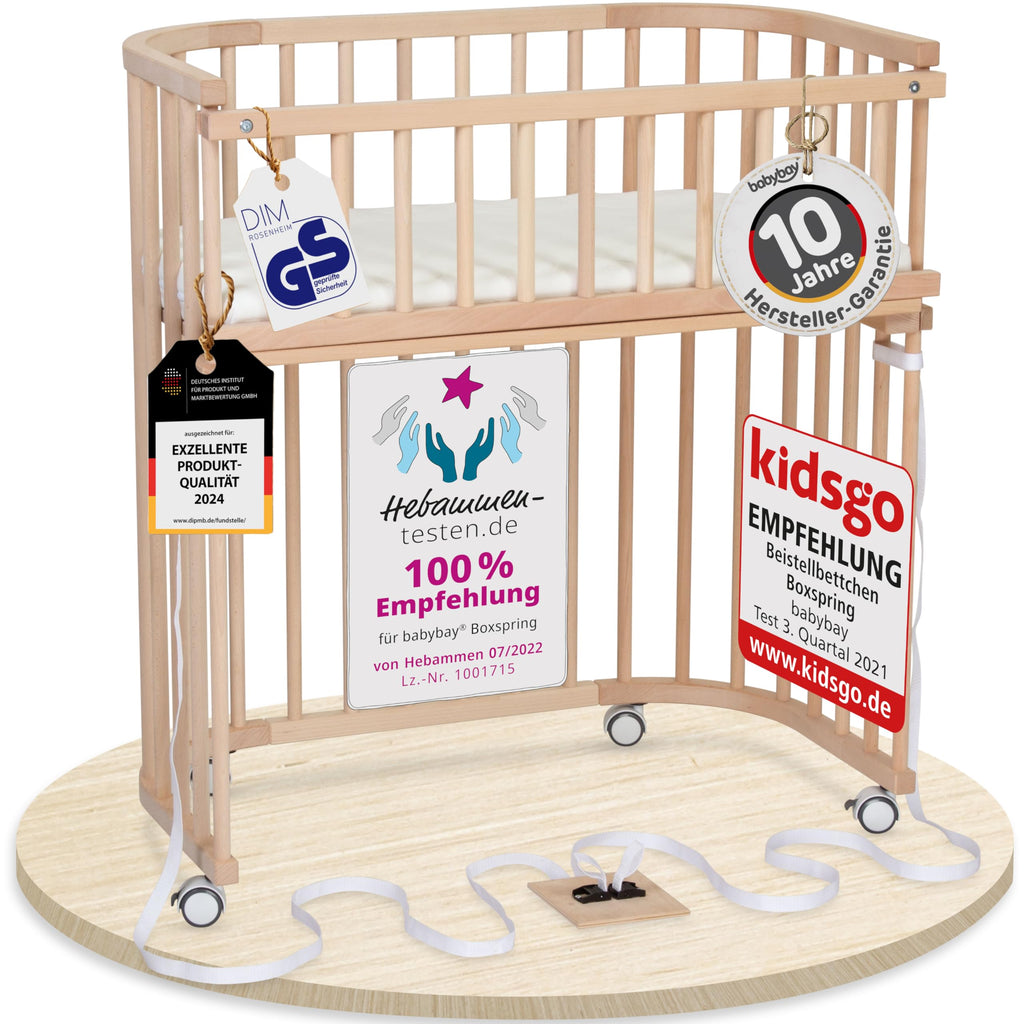 babybay Original Beistellbett aus massivem Buchenholz mit Matratze, höhenverstellbares Babybett für Neugeborene