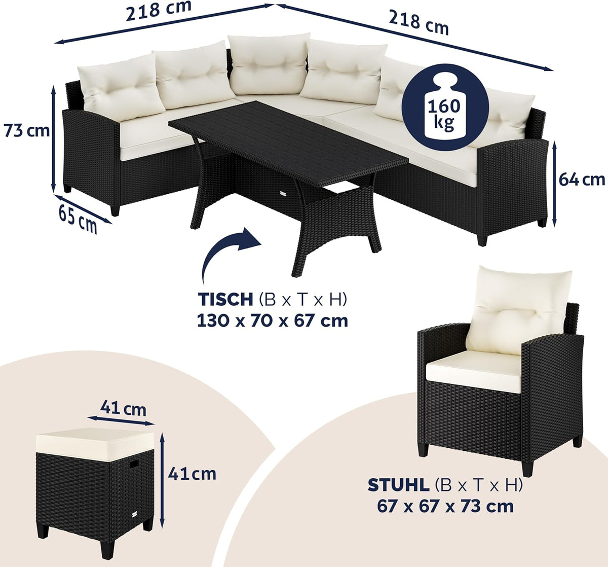 Casaria Polyrattan Ecklounge Set Schwarz für 9 Personen – Gartenmöbel Set mit WPC Tisch, Sessel & 2 Hockern