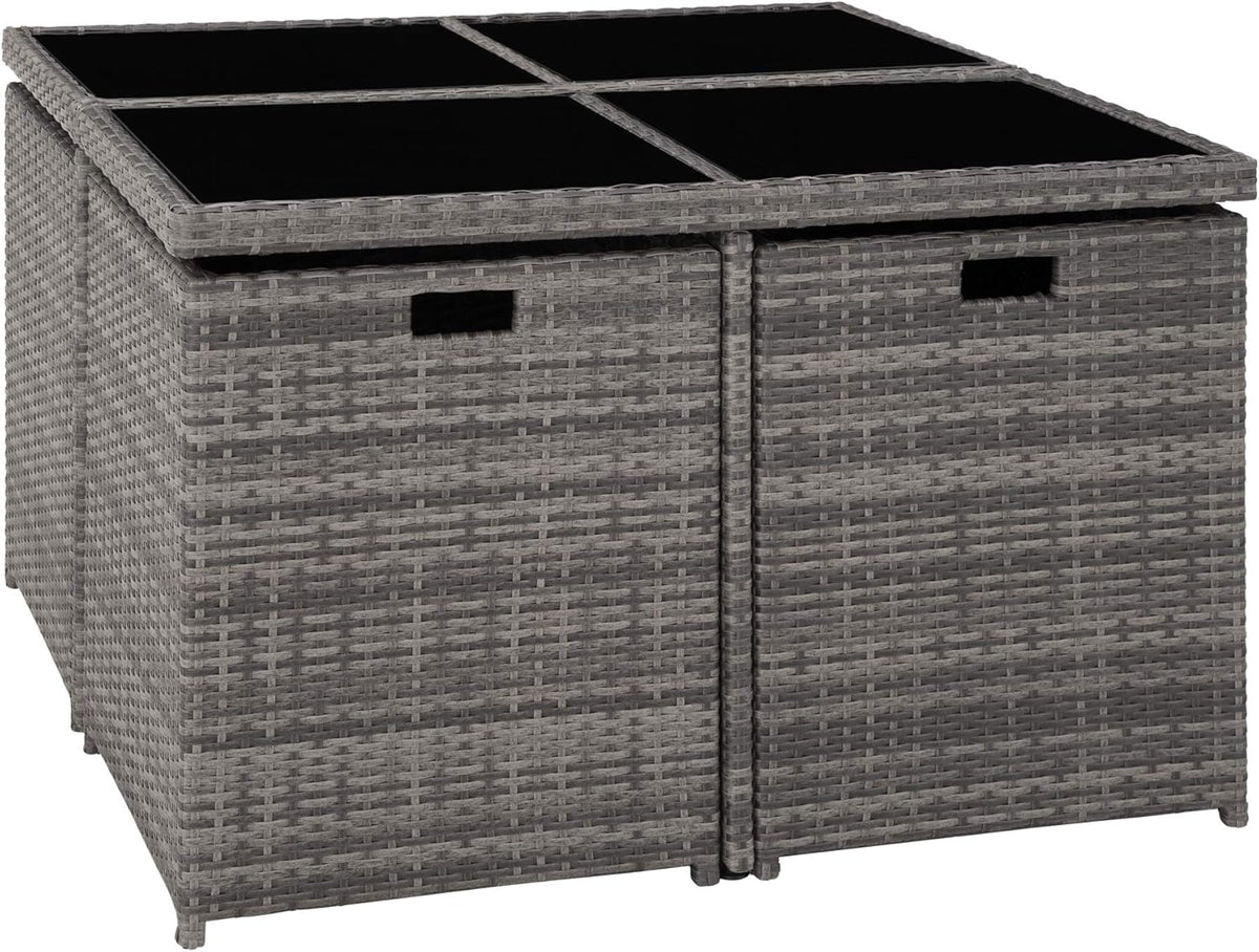 tectake Rattan Lounge Set mit Aluminiumgestell, 4 Stühle, 4 Hocker & Glastisch Wetterfeste Gartenmöbel