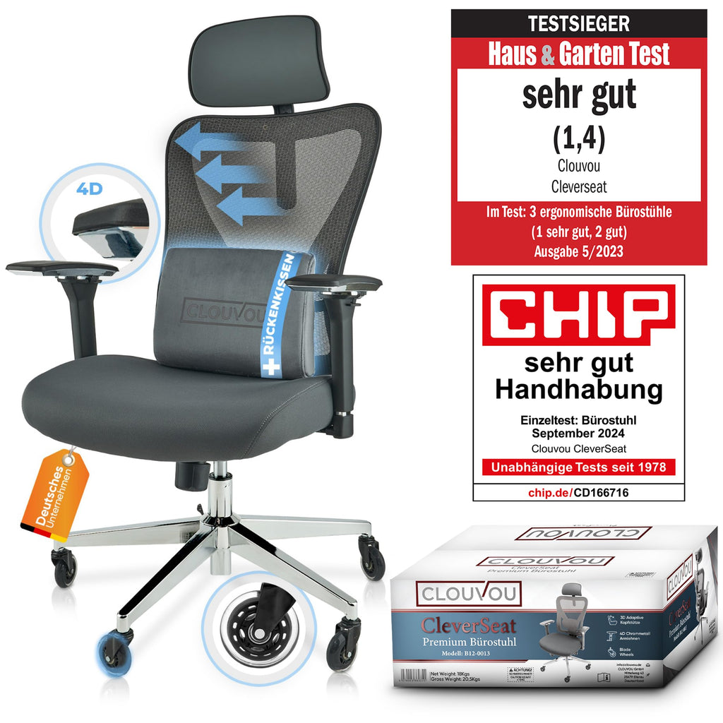 CLOUVOU BrightSeat Ergonomischer Bürostuhl Schwarz bis 150 kg – Schreibtischstuhl mit Kopfstütze, Lendenstütze & 2D Armlehnen