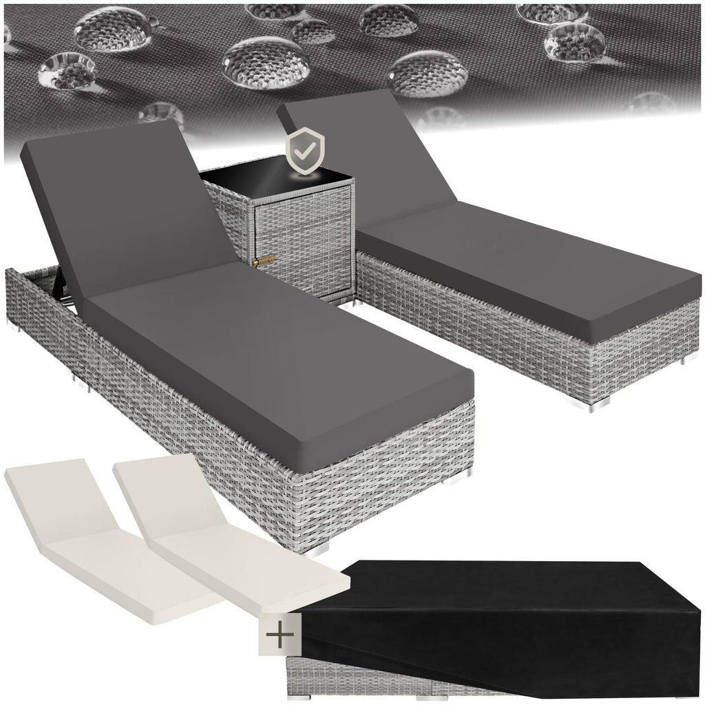 tectake 2er Gartenliegen Set mit Tisch – Polyrattan Sonnenliegen aus Aluminium, 5-fach verstellbar, mit Schutzhüllen
