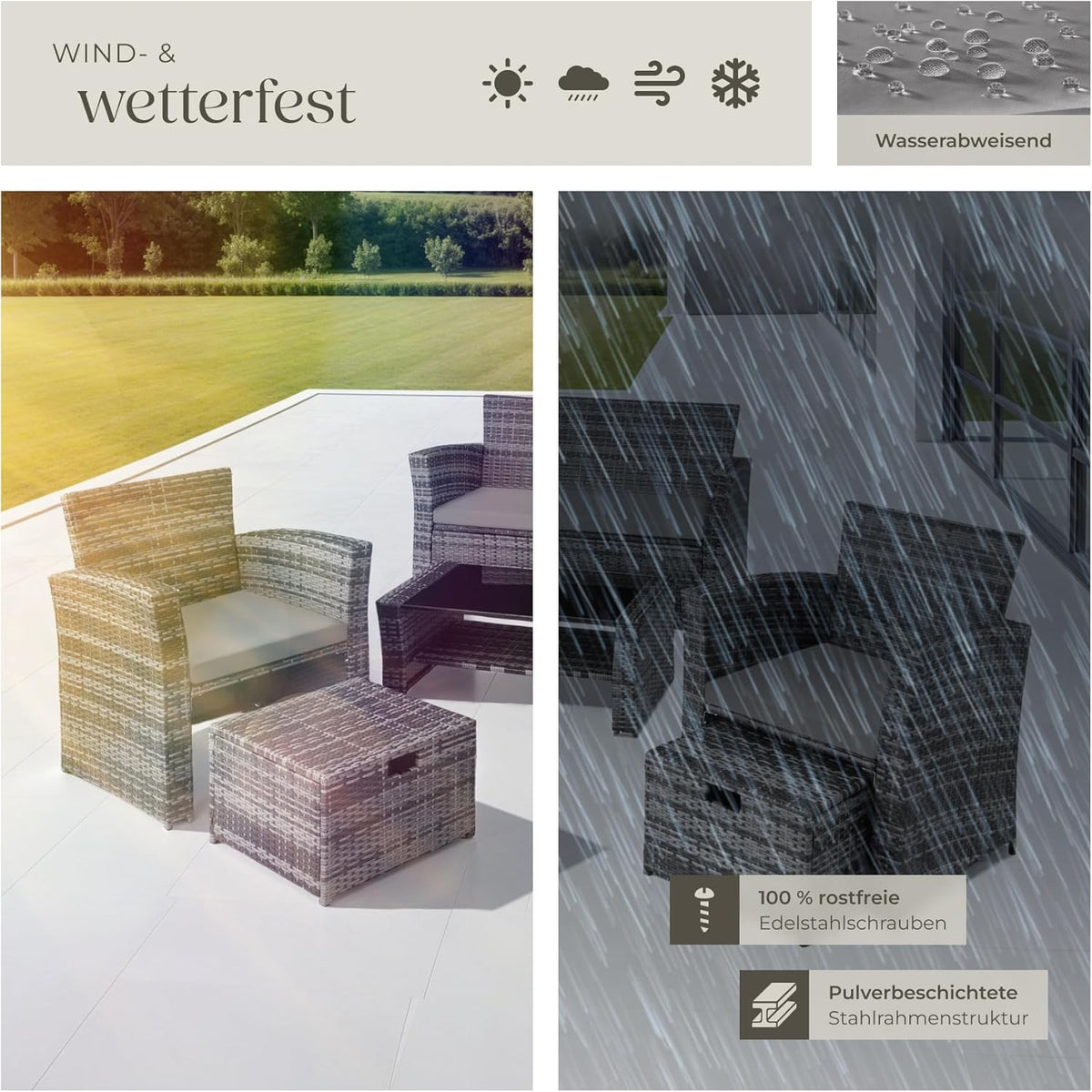 tectake Polyrattan Gartenmöbel Set 4 Personen mit Hocker & Auflagenbox – Garten Lounge Set mit Sofa, Tisch & Kissen für Balkon und Terrasse