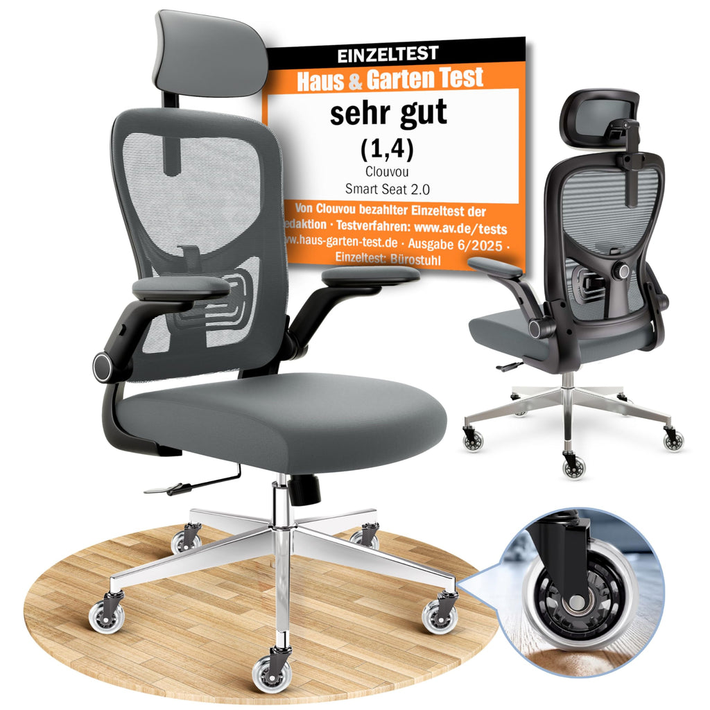 CLOUVOU BrightSeat Ergonomischer Bürostuhl Schwarz bis 150 kg – Schreibtischstuhl mit Kopfstütze, Lendenstütze & 2D Armlehnen