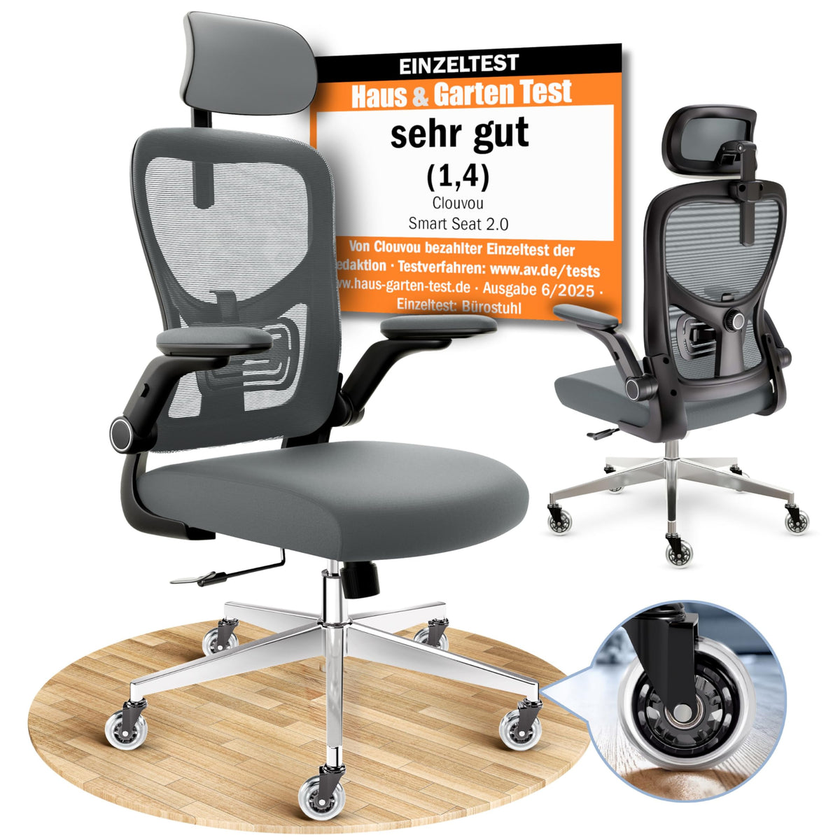 CLOUVOU BrightSeat Ergonomischer Bürostuhl Schwarz bis 150 kg – Schreibtischstuhl mit Kopfstütze, Lendenstütze & 2D Armlehnen