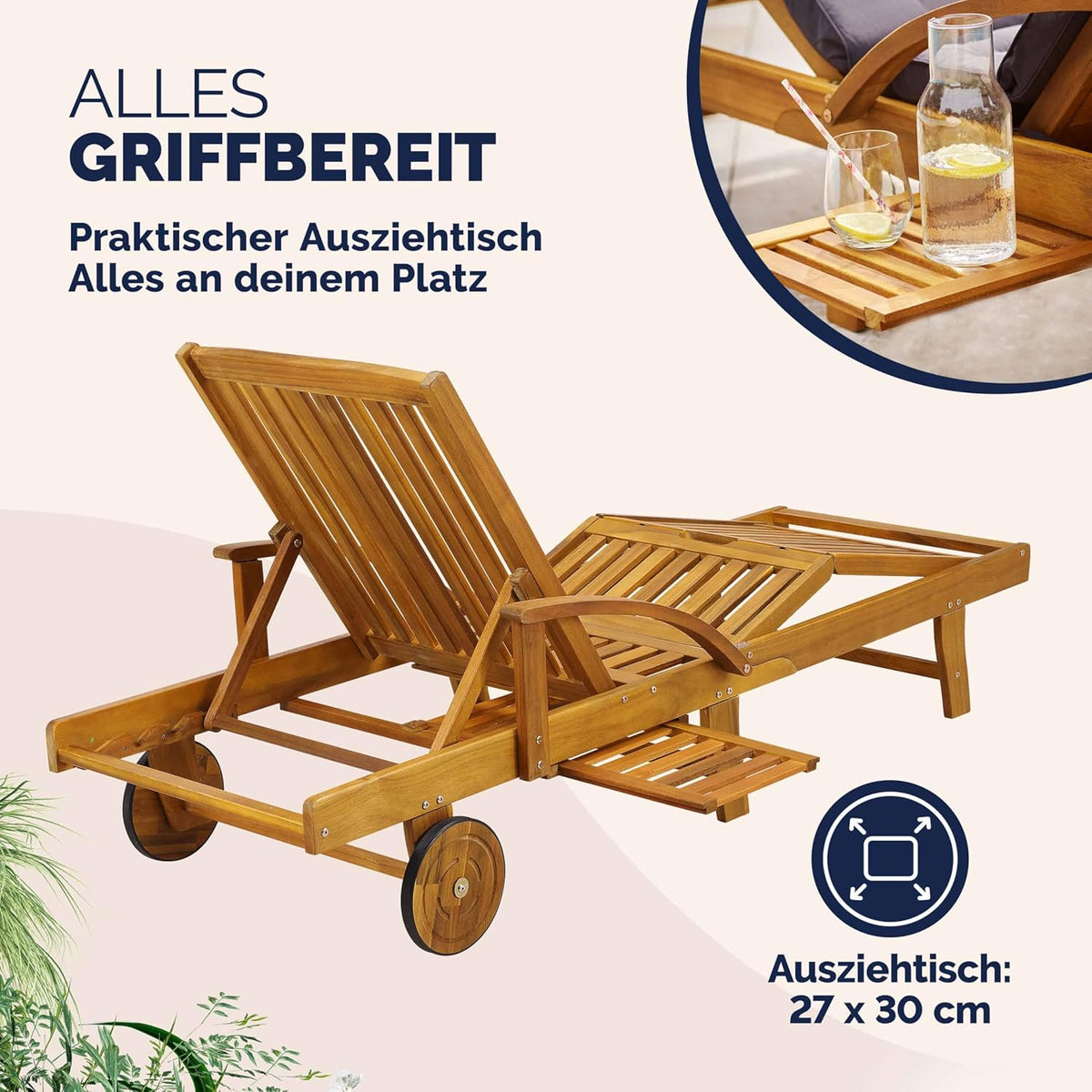 Casaria Sonnenliege 2er Set Akazienholz Braun – Klappbare Gartenliege mit Rädern, Ausziehtisch & verstellbarer Rückenlehne