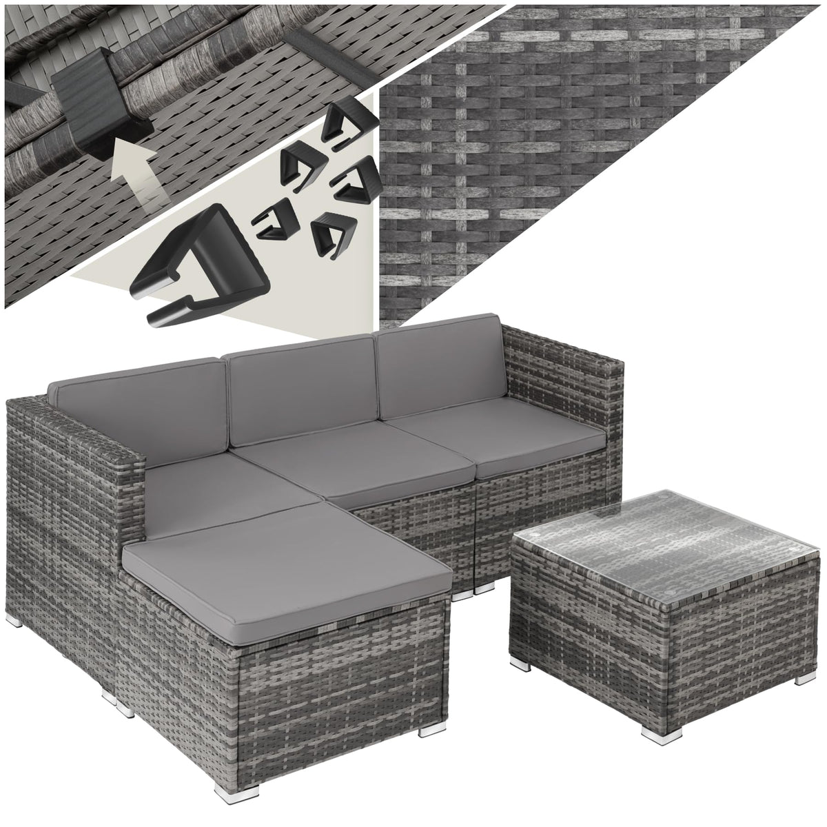 tectake Gartenmöbel Set Poly Rattan mit Sofa, Sesseln, Hocker & Tisch, modulare Gartenlounge wetterfest für Garten, Terrasse & Balkon