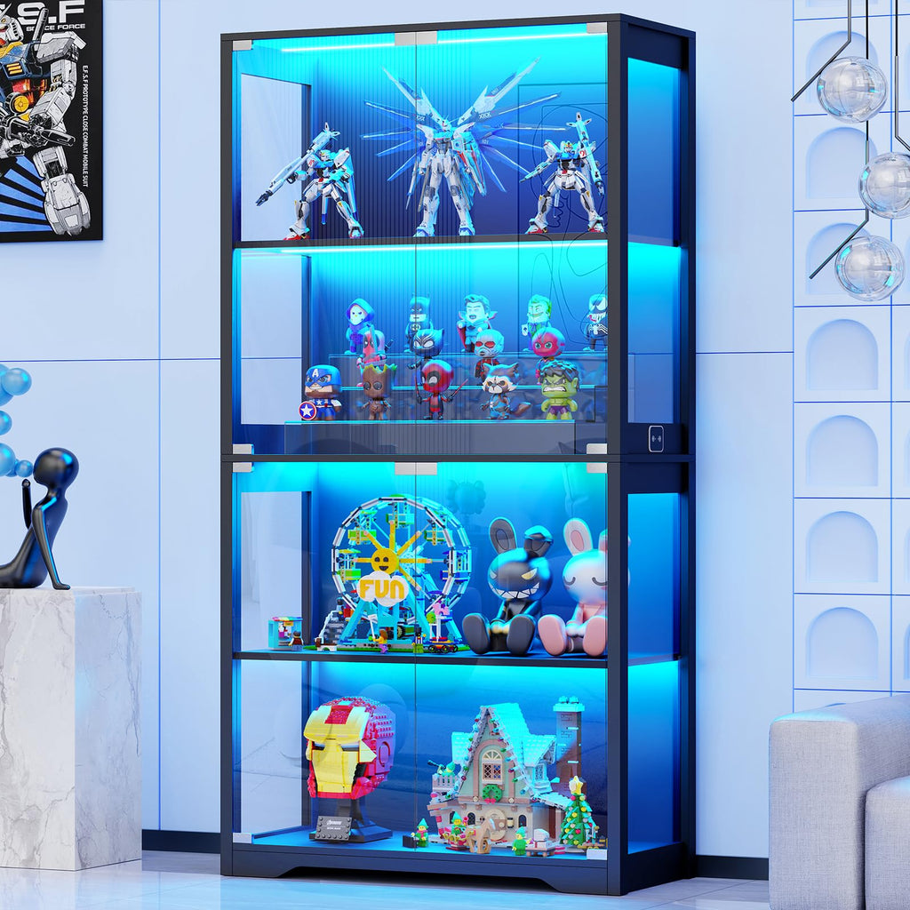 BROTTAR Glasvitrine mit Dreifarbig LED Beleuchtung und Glastüren, Glasvitrine Stehend mit Körpersensor-System, Sammlervitrine für Wohnzimmer, Büro, Bücher, Spielzimmer, Schwarz (40 x 35 x 160cm)