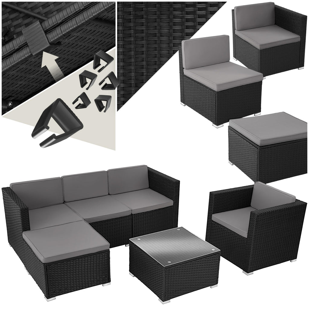 tectake Gartenmöbel Set Poly Rattan mit Sofa, Sesseln, Hocker & Tisch, modulare Gartenlounge wetterfest für Garten, Terrasse & Balkon