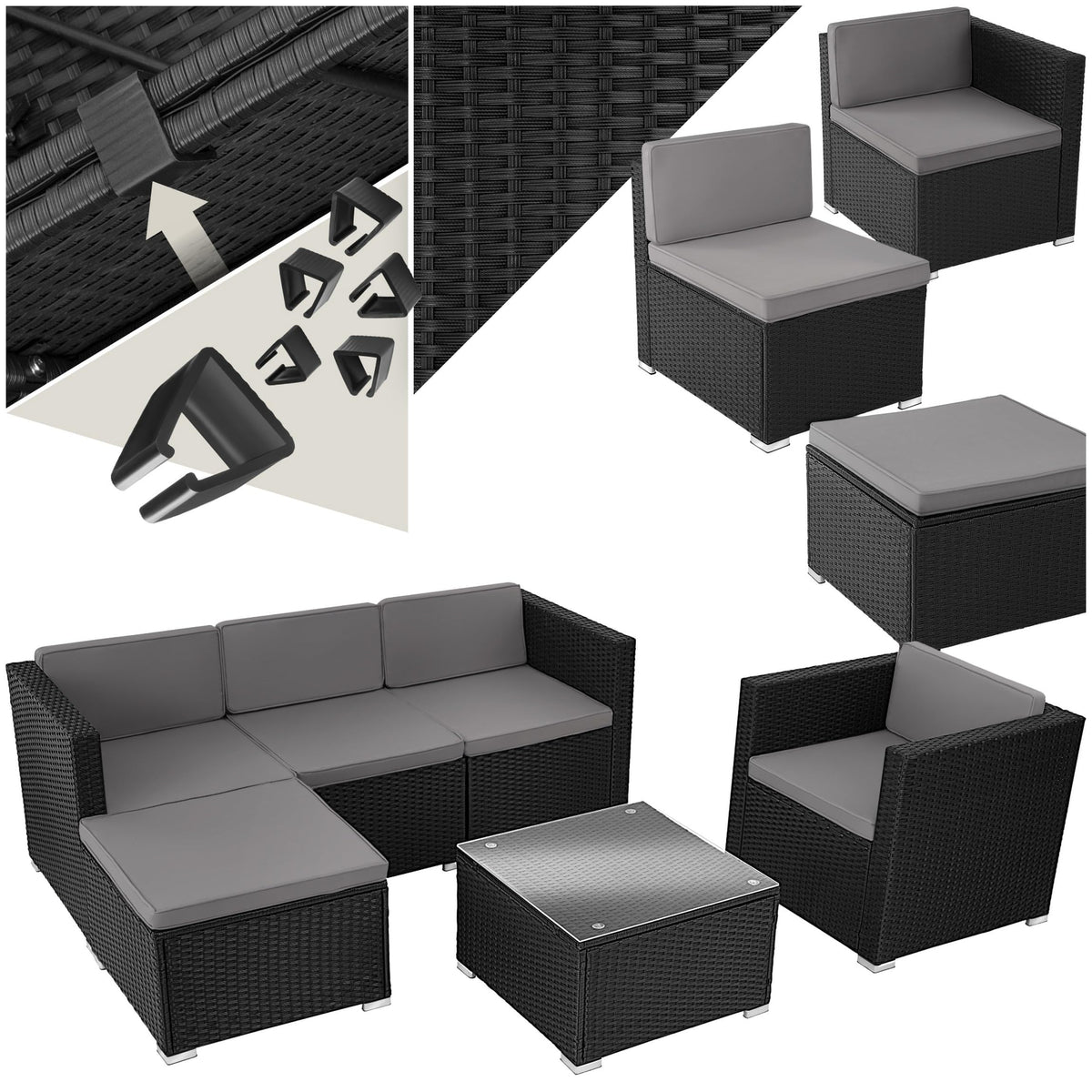 tectake Gartenmöbel Set Poly Rattan mit Sofa, Sesseln, Hocker & Tisch, modulare Gartenlounge wetterfest für Garten, Terrasse & Balkon