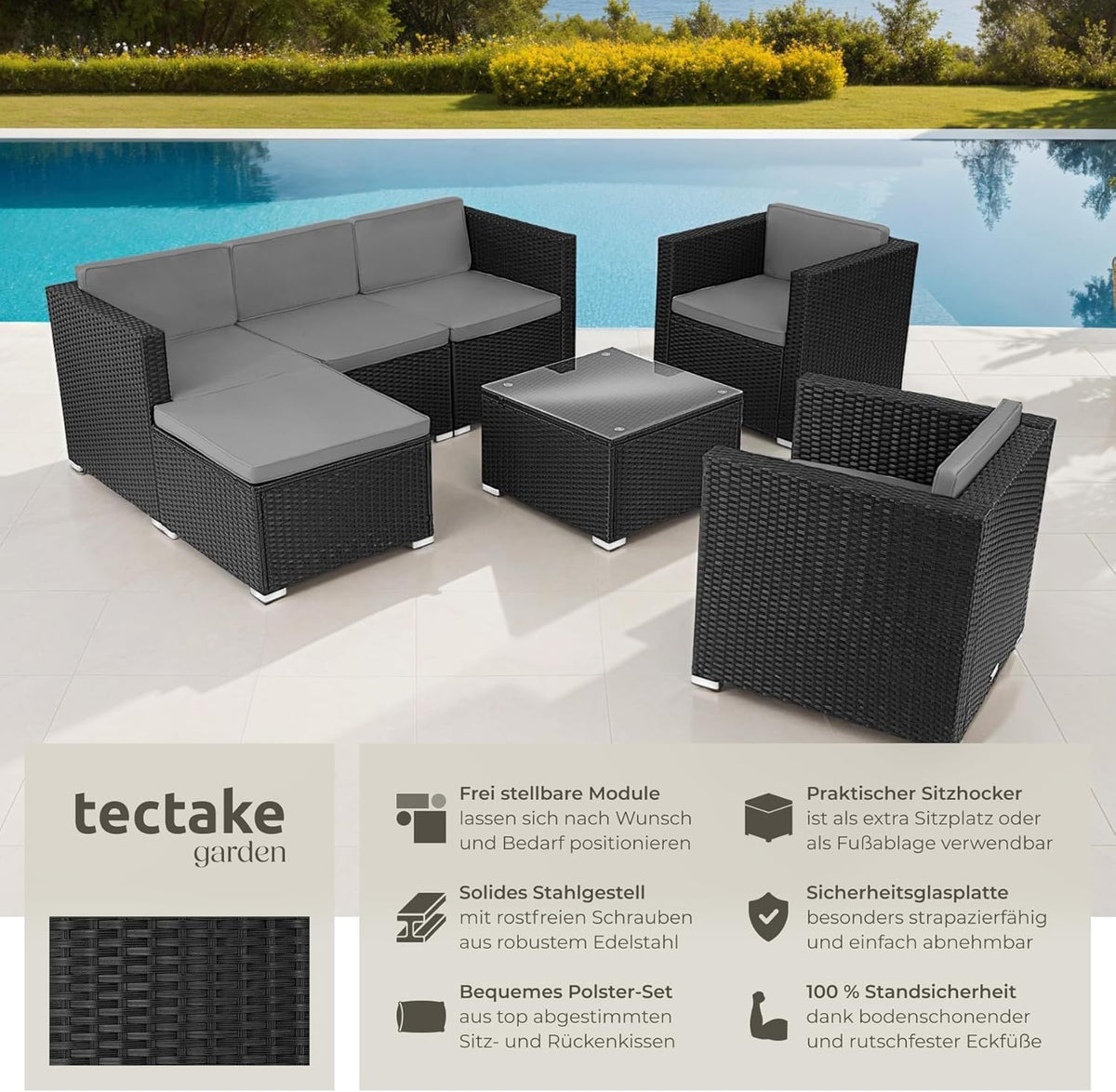 tectake Gartenmöbel Set Poly Rattan mit Sofa, Sesseln, Hocker & Tisch, modulare Gartenlounge wetterfest für Garten, Terrasse & Balkon