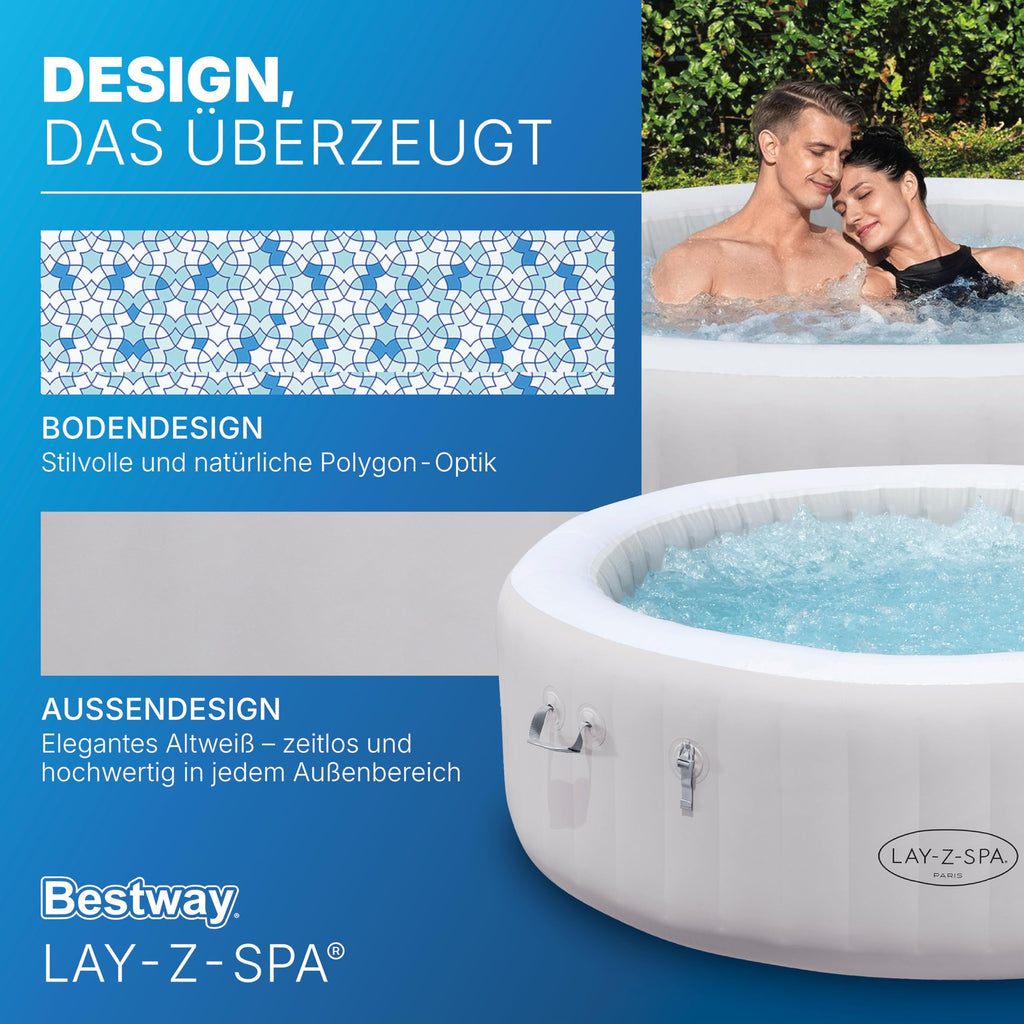 Bestway Lay-Z-SPA Paris AirJet LED-Whirlpool Ø 196 x 66 cm – Aufblasbarer Spa für 6 Personen mit 140 Düsen, beheizbar bis 40°C, stimmungsvolle LED-Beleuchtung für den Garten