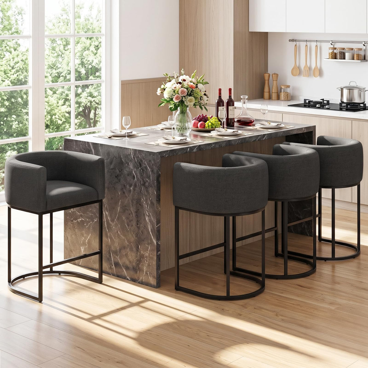 Barhocker 2er Set, 62 cm Leinen, Beige