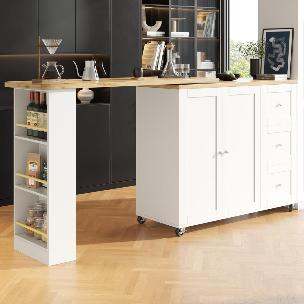 Merax Ausziehbarer Bartisch mit Stauraum, 360° drehbarer Beweglicher Bartisch Küchentheke Kücheninsel Kaffeeecke, mit Offene Ablagefächer, Glasschiebetür, Weiß/120-180 x 45 x 103 cm