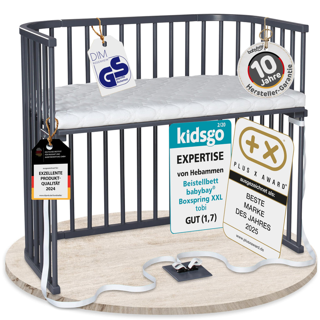 babybay Original Beistellbett aus massivem Buchenholz mit Matratze, höhenverstellbares Babybett für Neugeborene