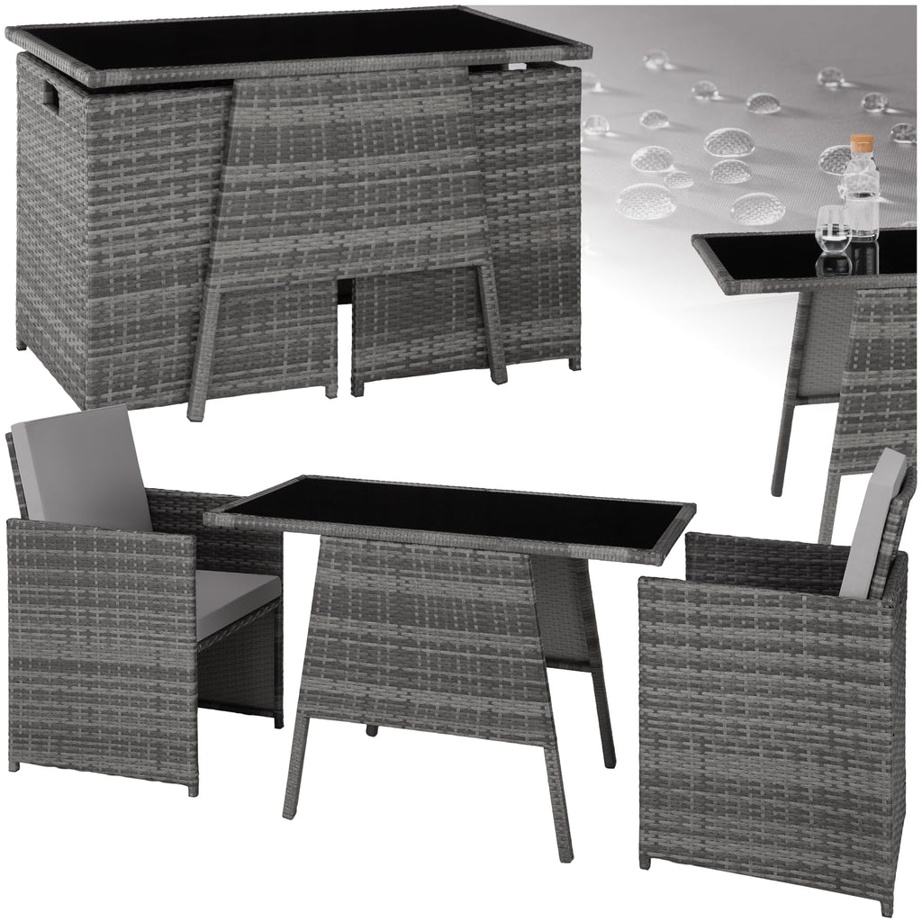 tectake Poly Rattan Balkonmöbel Set für 2 Personen Hellgrau – 2 Sessel & Tisch, Platzsparende Gartenlounge mit Kissen
