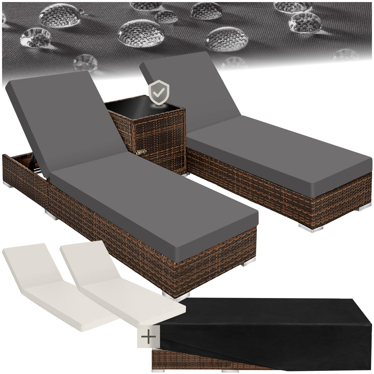 tectake 2er Gartenliegen Set mit Tisch – Polyrattan Sonnenliegen aus Aluminium, 5-fach verstellbar, mit Schutzhüllen