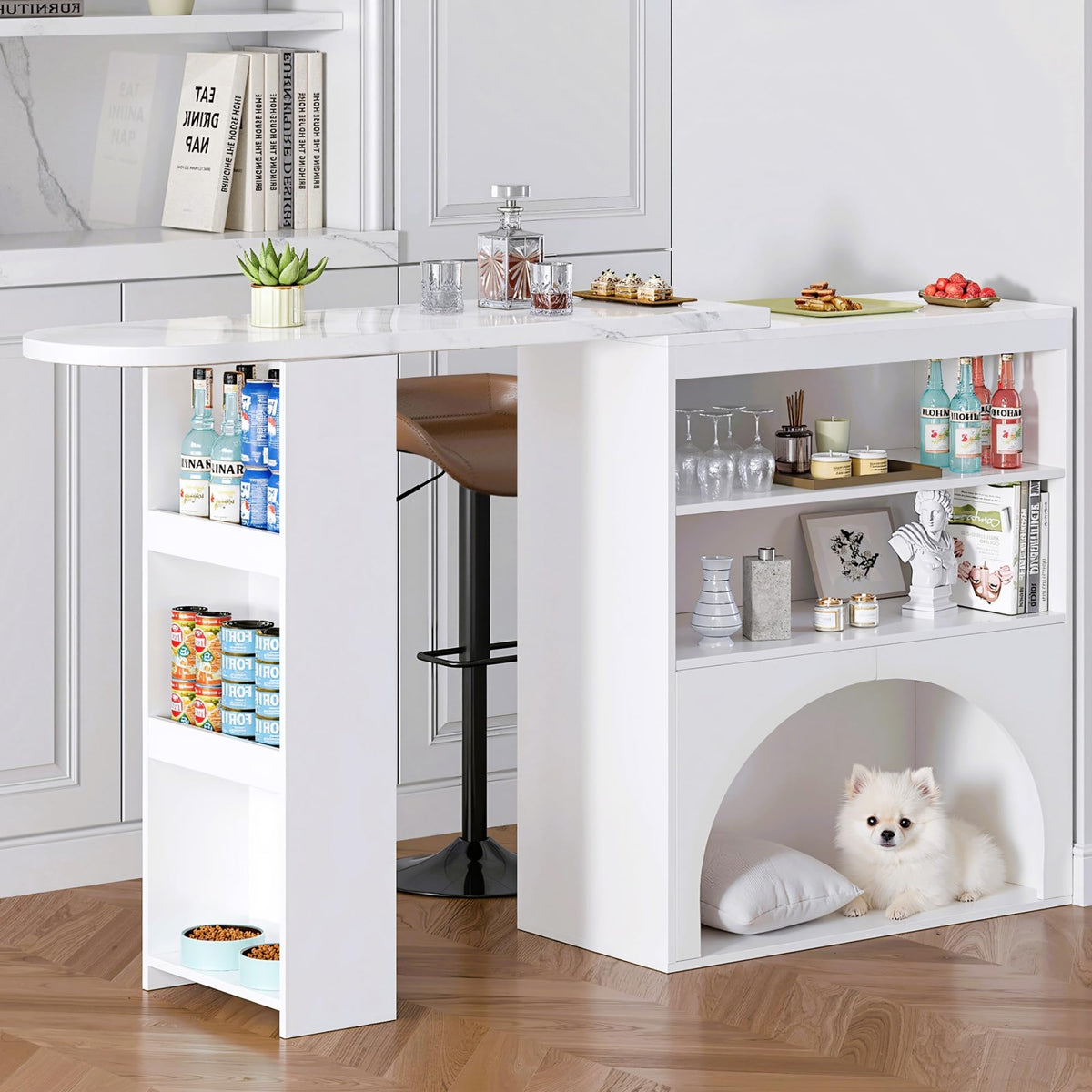 Merax Ausziehbarer Bartisch mit Stauraum, 360° drehbarer Beweglicher Bartisch Küchentheke Kücheninsel Kaffeeecke, mit Offene Ablagefächer, Glasschiebetür, Weiß/120-180 x 45 x 103 cm