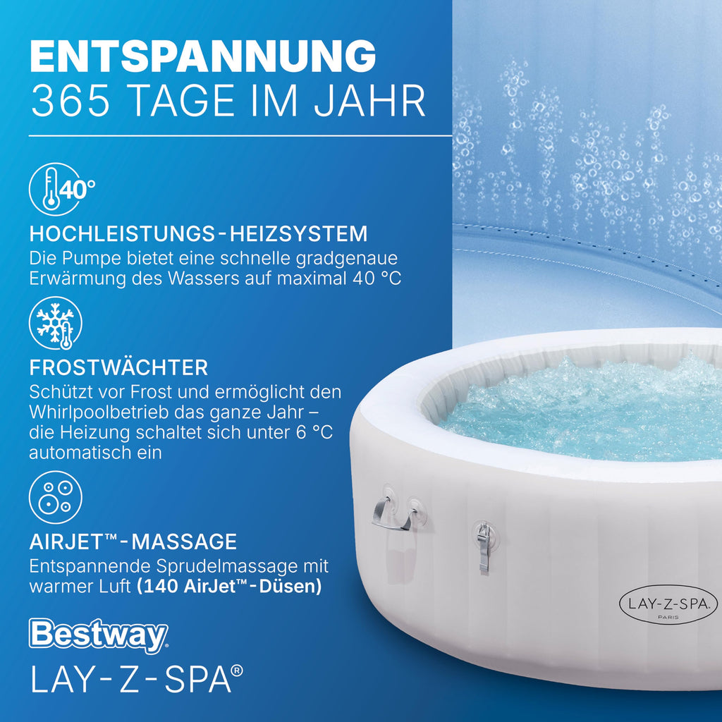 Bestway Lay-Z-SPA Paris AirJet LED-Whirlpool Ø 196 x 66 cm – Aufblasbarer Spa für 6 Personen mit 140 Düsen, beheizbar bis 40°C, stimmungsvolle LED-Beleuchtung für den Garten