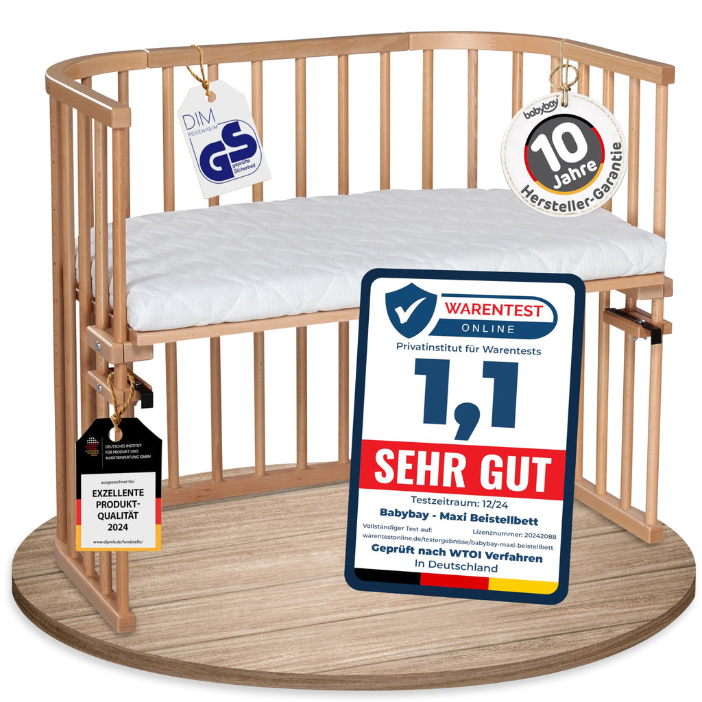 babybay Original Beistellbett aus massivem Buchenholz mit Matratze, höhenverstellbares Babybett für Neugeborene
