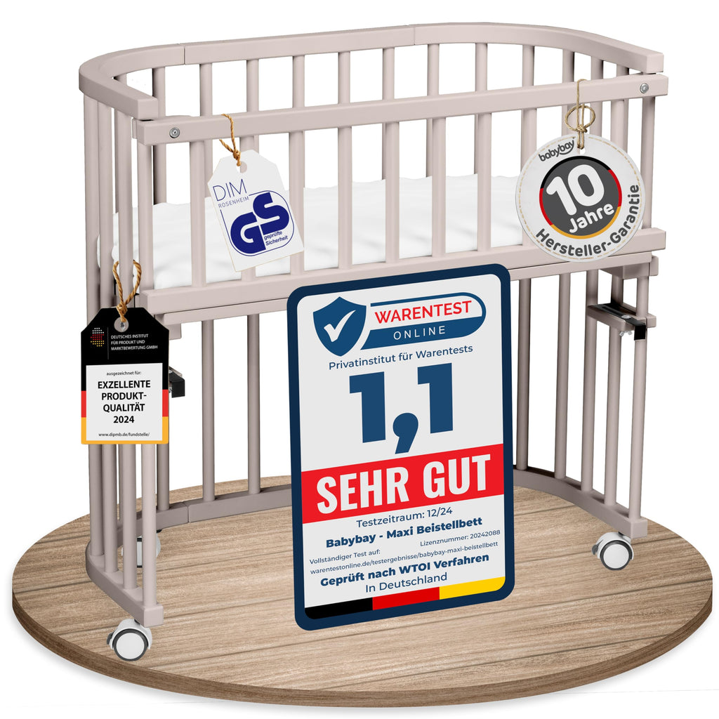 babybay Original Beistellbett aus massivem Buchenholz mit Matratze, höhenverstellbares Babybett für Neugeborene
