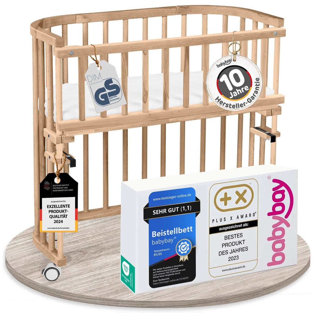babybay Original Beistellbett aus massivem Buchenholz mit Matratze, höhenverstellbares Babybett für Neugeborene