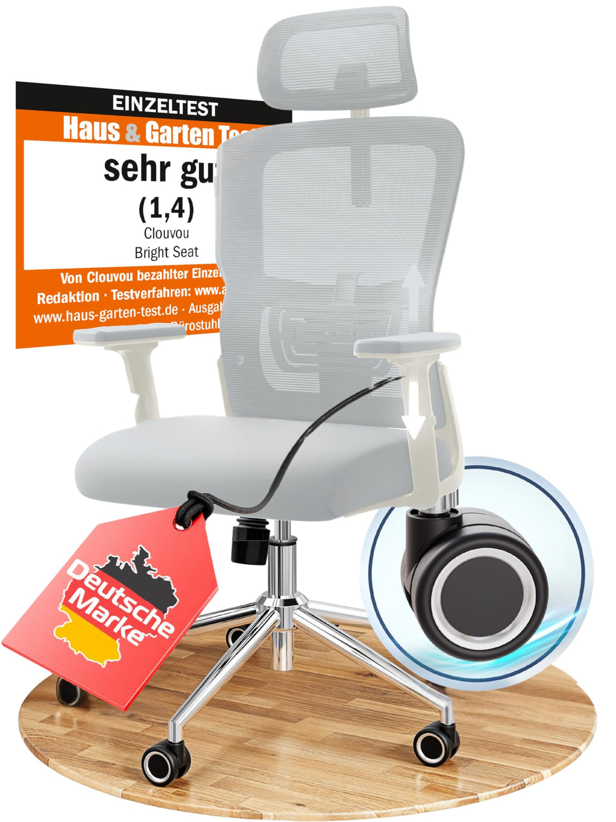 CLOUVOU BrightSeat Ergonomischer Bürostuhl Schwarz bis 150 kg – Schreibtischstuhl mit Kopfstütze, Lendenstütze & 2D Armlehnen