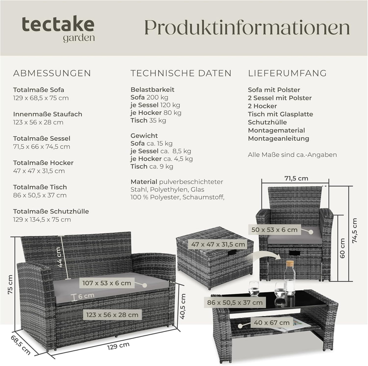 tectake Polyrattan Gartenmöbel Set 4 Personen mit Hocker & Auflagenbox – Garten Lounge Set mit Sofa, Tisch & Kissen für Balkon und Terrasse
