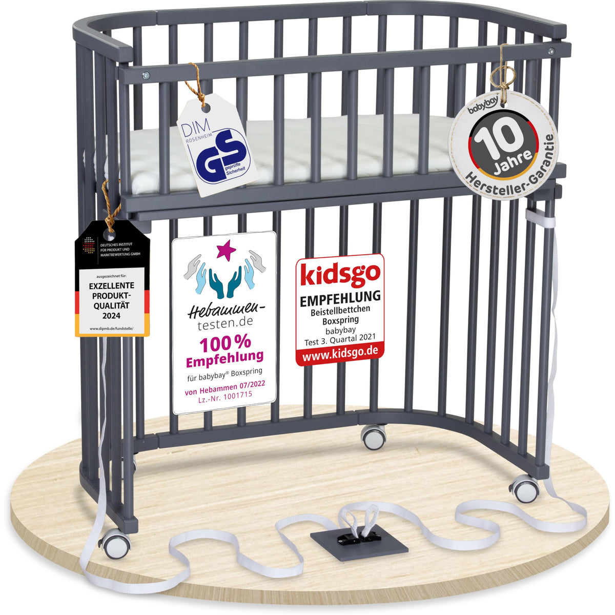 babybay Original Beistellbett aus massivem Buchenholz mit Matratze, höhenverstellbares Babybett für Neugeborene