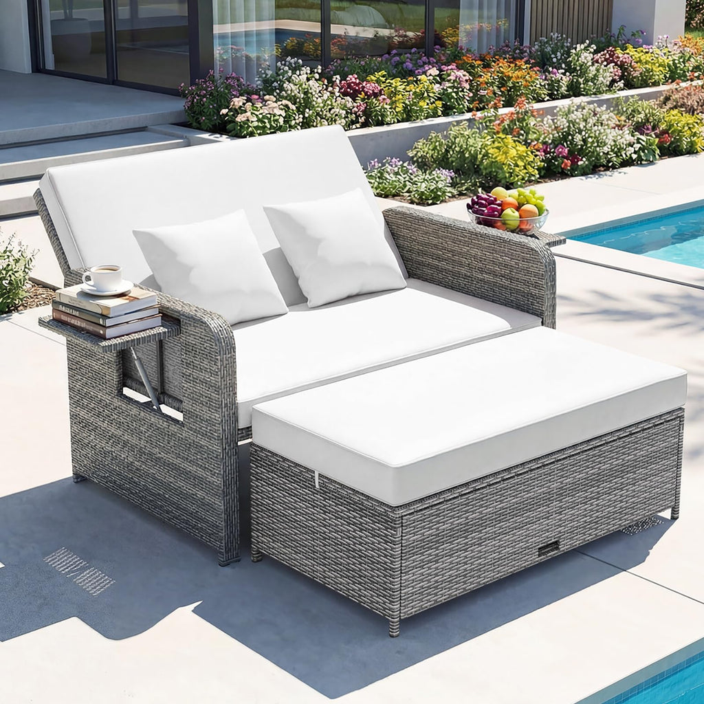 GIANTEX Rattan Lounge Gartenmöbel Set 2-Sitzer mit Doppelliege & Hocker, Outdoor Sofa mit Stauraum, verstellbar für Balkon & Terrasse