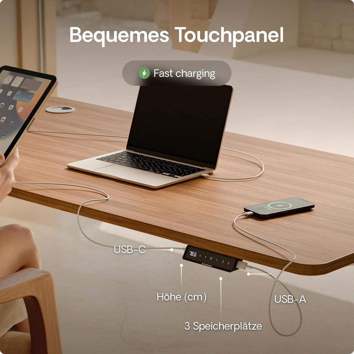 Desktronic HomePro Schreibtisch elektrisch höhenverstellbar, Steh-Sitz Schreibtisch mit Dual Motor, Touchscreen & USB-A/USB-C