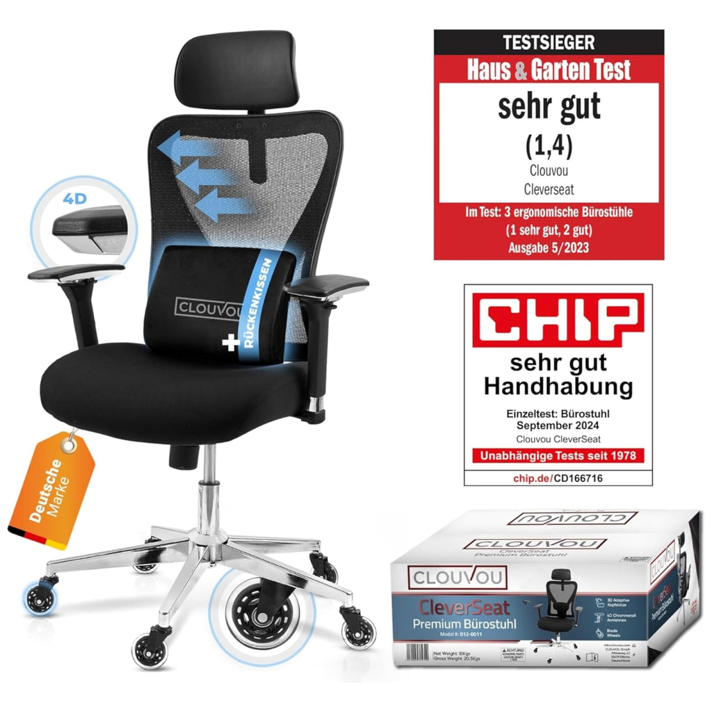 CLOUVOU BrightSeat Ergonomischer Bürostuhl Schwarz bis 150 kg – Schreibtischstuhl mit Kopfstütze, Lendenstütze & 2D Armlehnen
