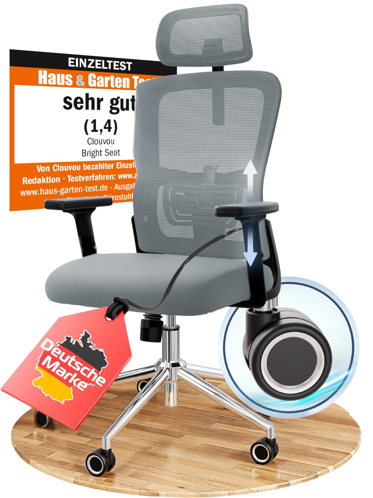 CLOUVOU BrightSeat Ergonomischer Bürostuhl Schwarz bis 150 kg – Schreibtischstuhl mit Kopfstütze, Lendenstütze & 2D Armlehnen