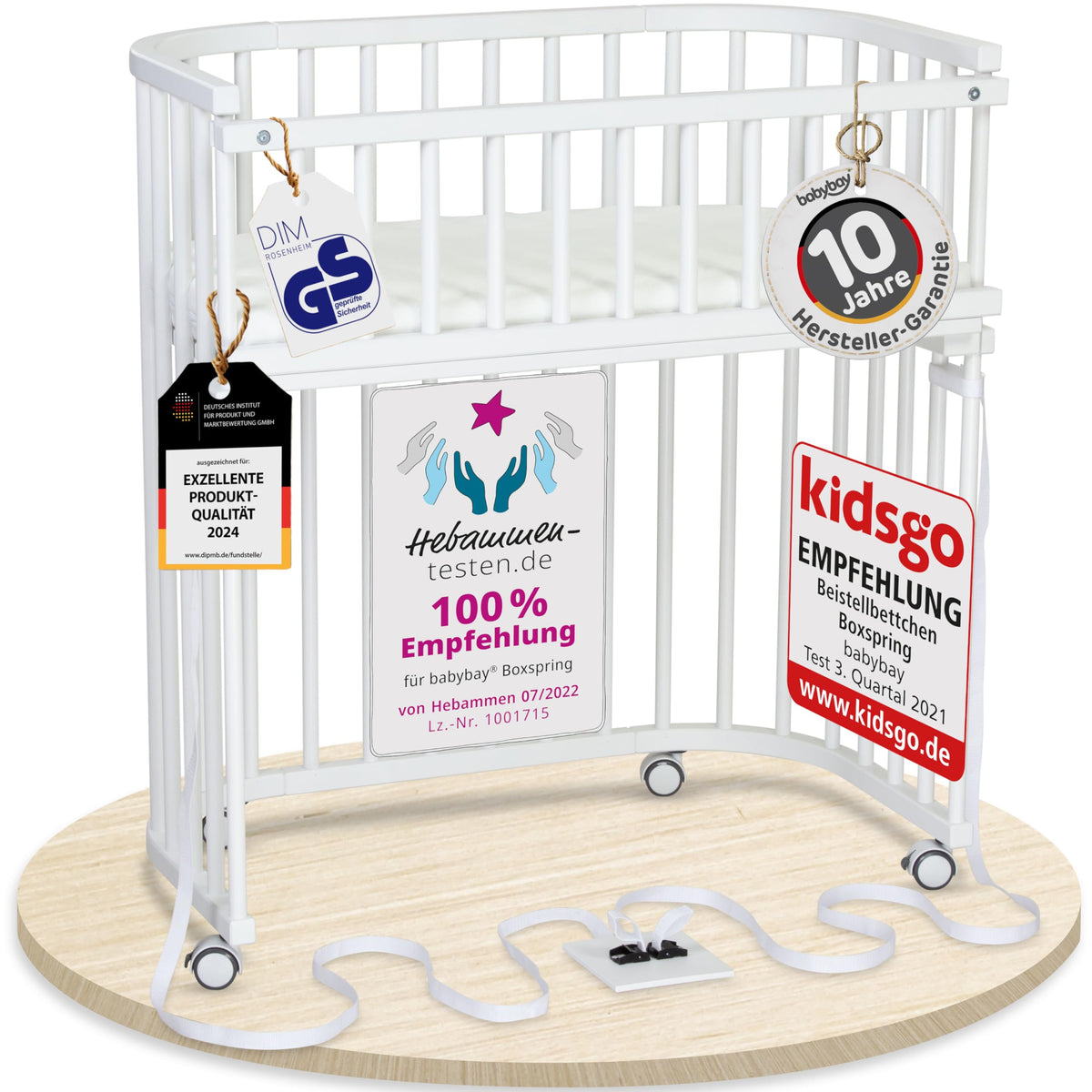 babybay Original Beistellbett aus massivem Buchenholz mit Matratze, höhenverstellbares Babybett für Neugeborene