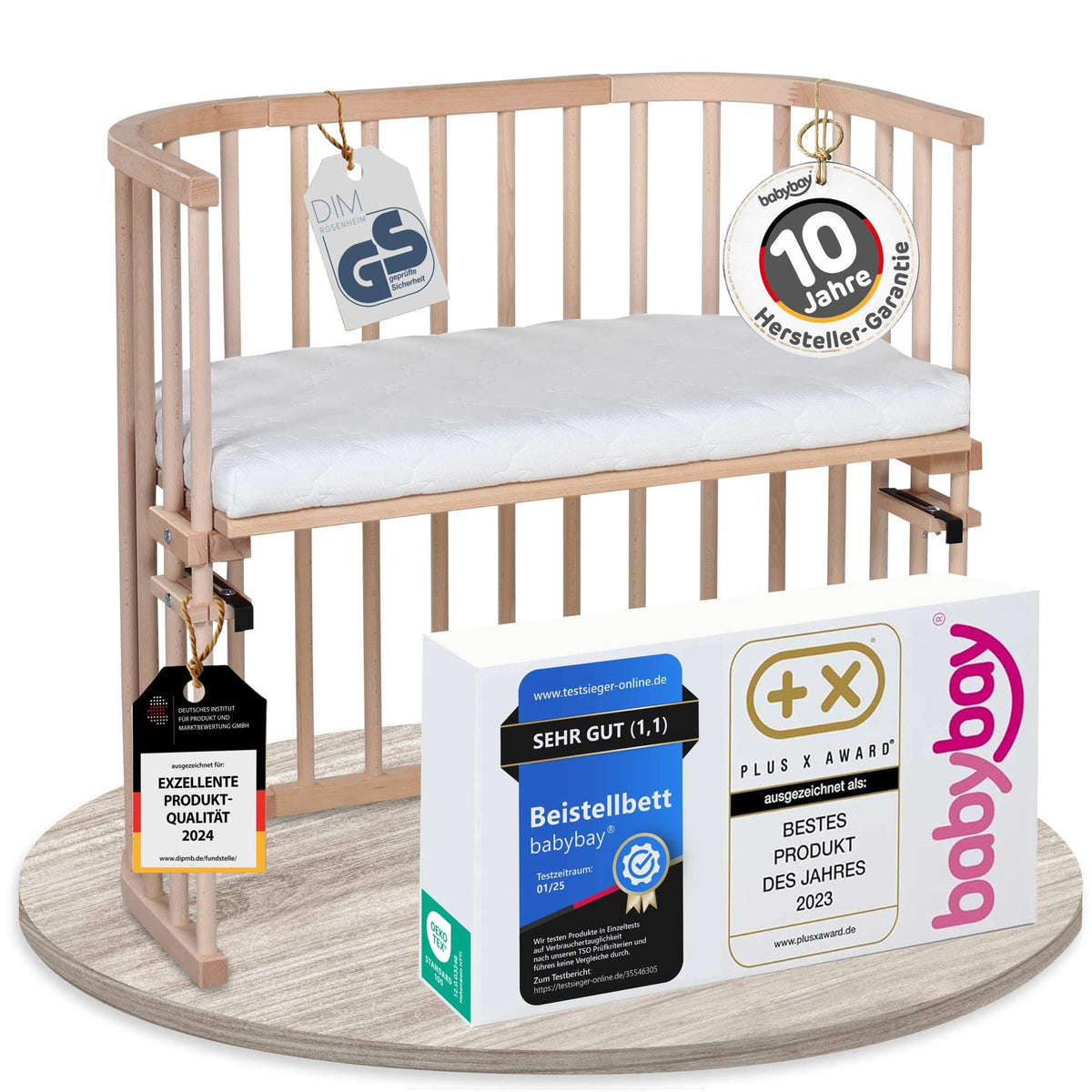 babybay Original Beistellbett aus massivem Buchenholz mit Matratze, höhenverstellbares Babybett für Neugeborene