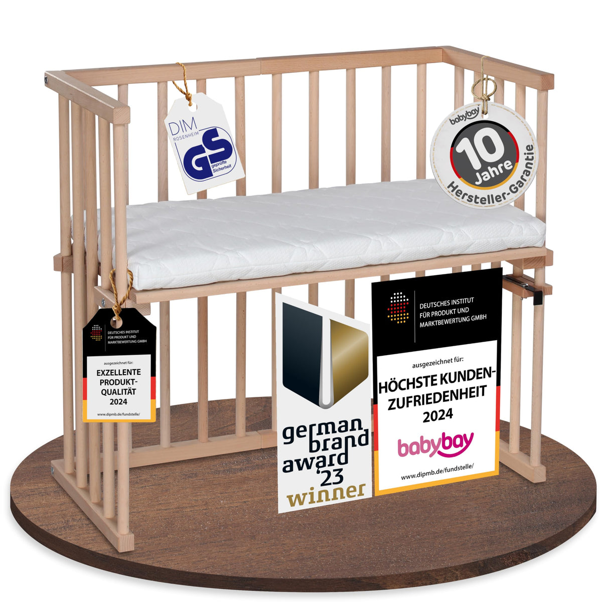 babybay Original Beistellbett aus massivem Buchenholz mit Matratze, höhenverstellbares Babybett für Neugeborene