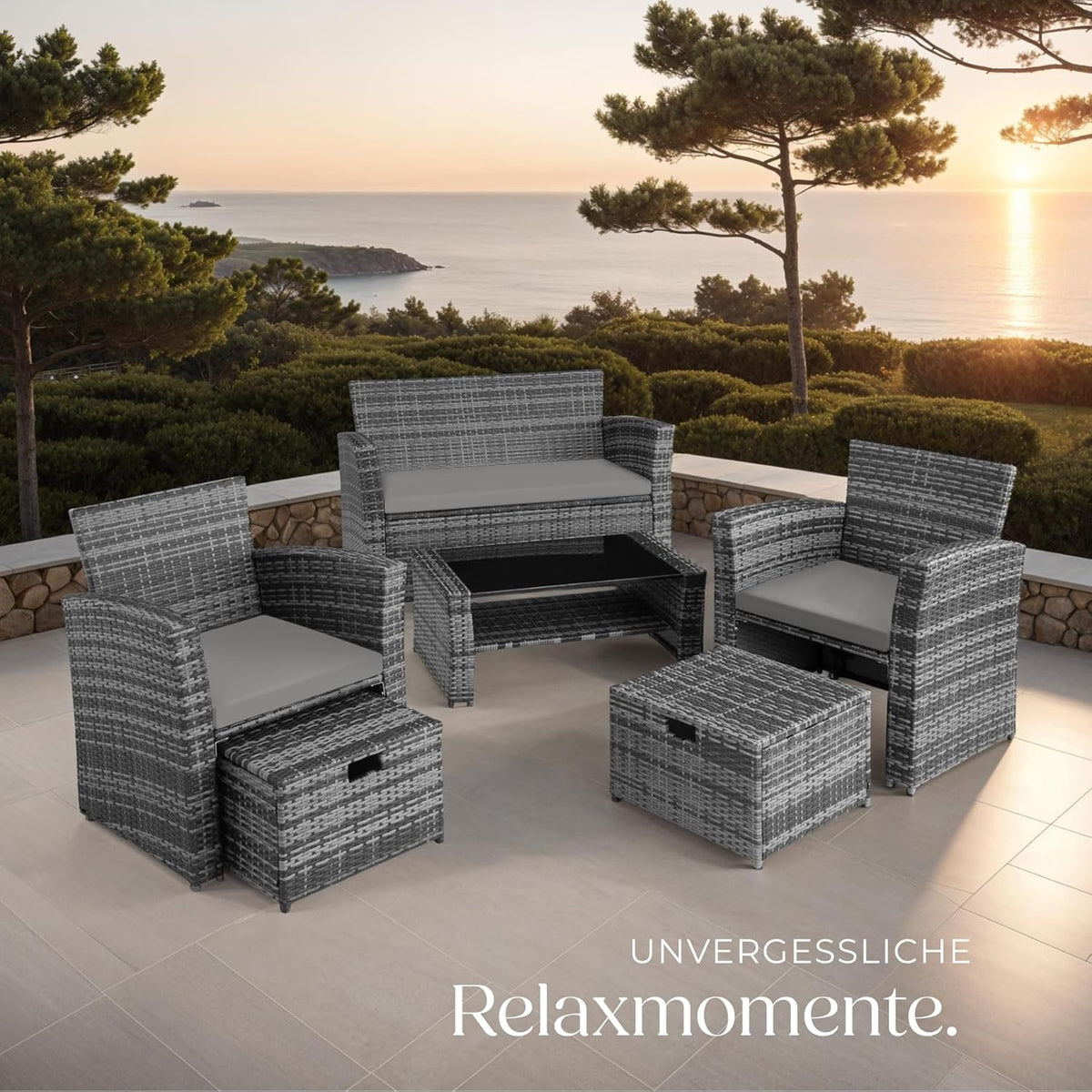 tectake Polyrattan Gartenmöbel Set 4 Personen mit Hocker & Auflagenbox – Garten Lounge Set mit Sofa, Tisch & Kissen für Balkon und Terrasse