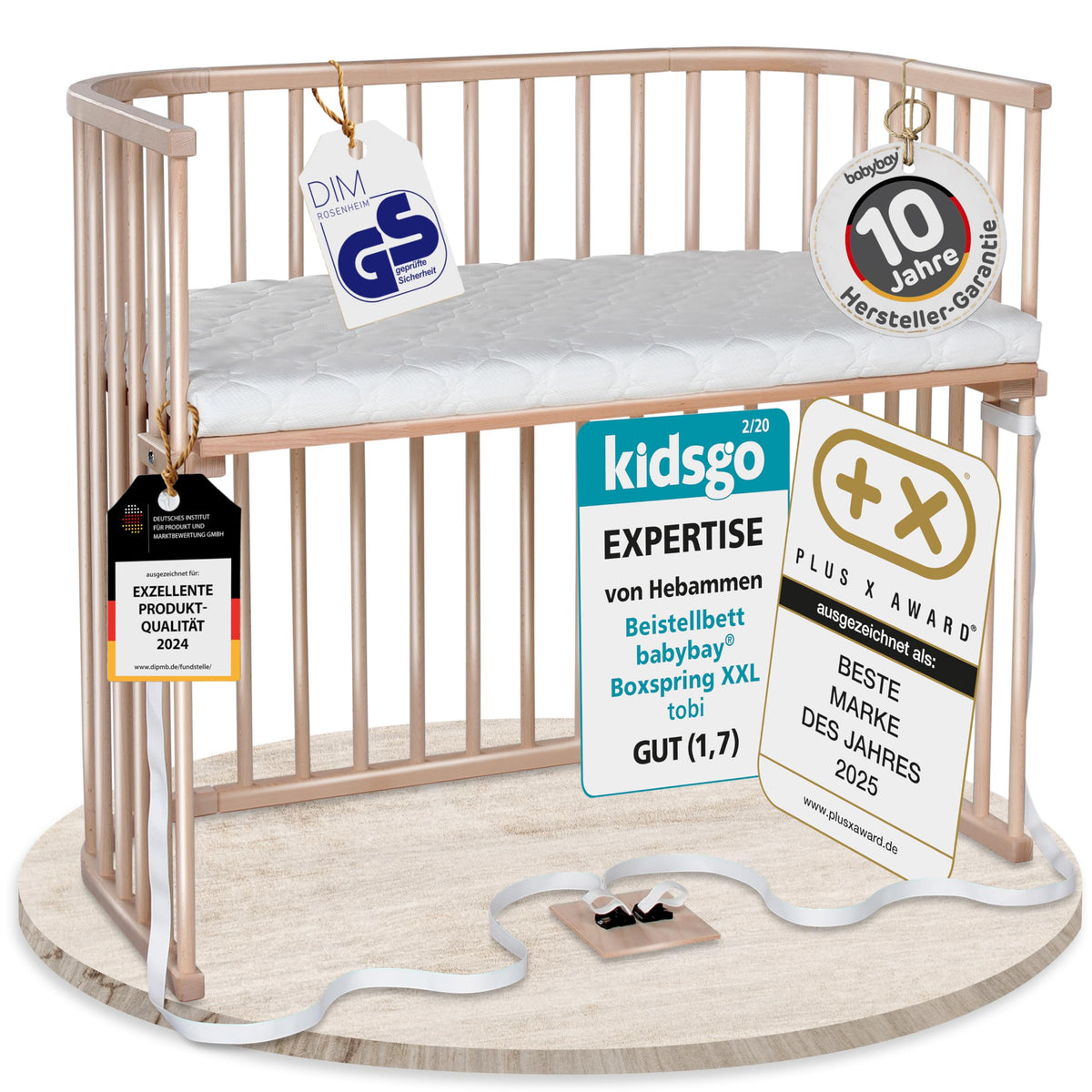 babybay Original Beistellbett aus massivem Buchenholz mit Matratze, höhenverstellbares Babybett für Neugeborene
