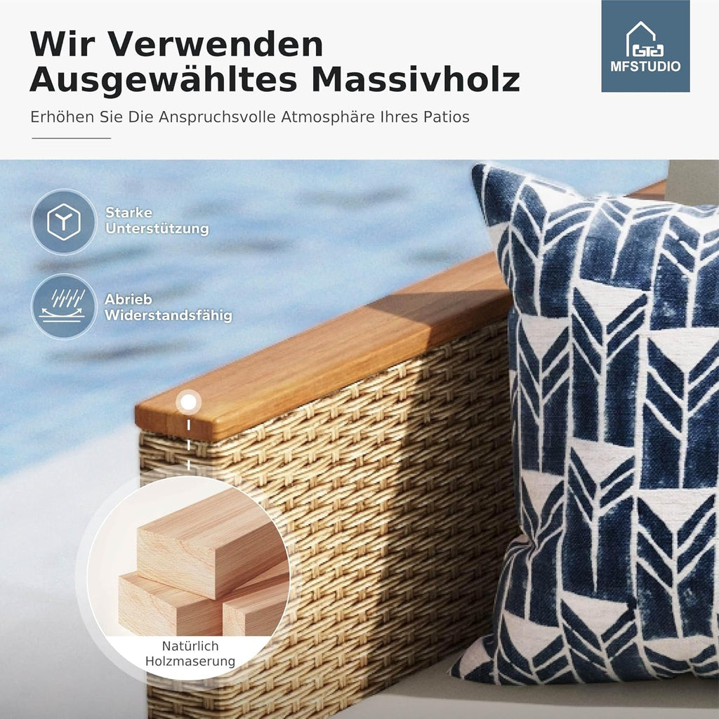 MFSTUDIO Gartenmöbel Set 3-teilig Polyrattan Braun, L-förmige Gartenlounge mit Kissen & Akazienholztisch für 4 Personen
