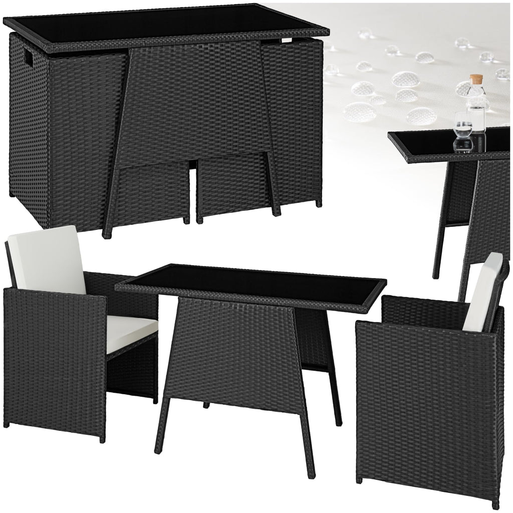 tectake Poly Rattan Balkonmöbel Set für 2 Personen Hellgrau – 2 Sessel & Tisch, Platzsparende Gartenlounge mit Kissen