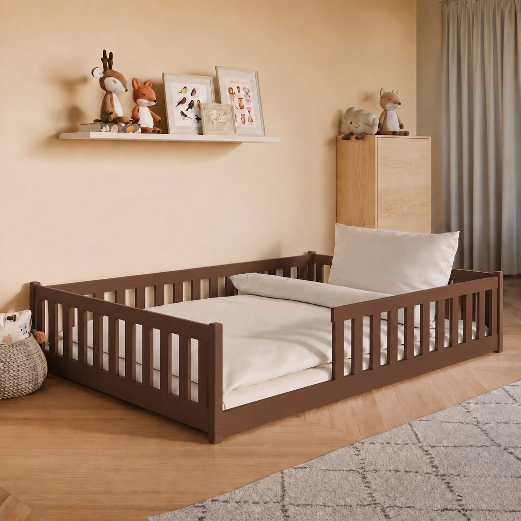Kids Collective Kinderbett Bodenbett 120x200 cm Bett mit Rausfallschutz & Lattenrost Montessori Bett Bed Gitterbett Kinder Jugendbett Einzelbett | Natur Kiefer Holz massiv Junge Mädchen
