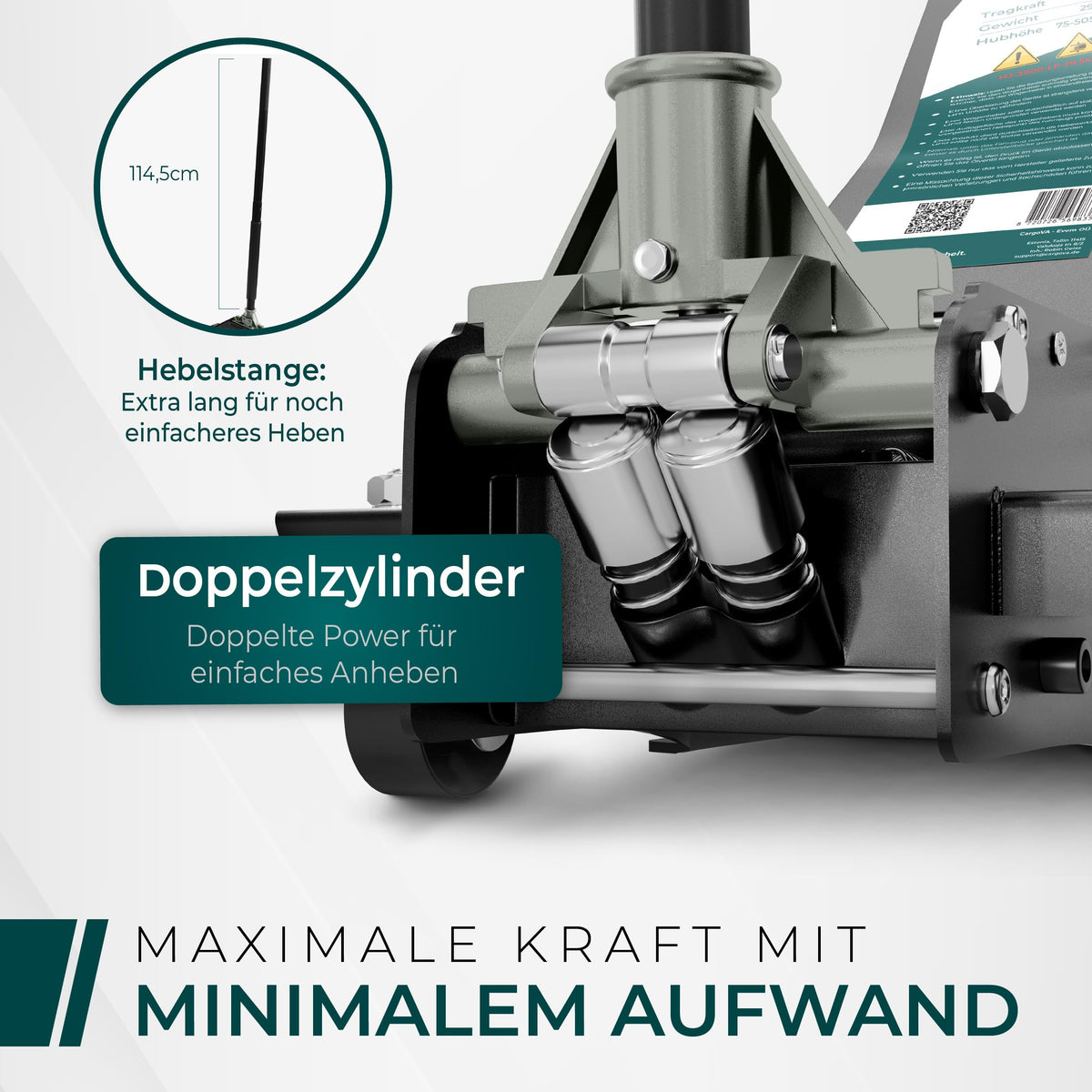 CargoVA Wagenheber 3T hydraulisch | Flacher Wagenheber mit 75-505mm Hubhöhe | Profi-Toolkit inkl. Kniematte & 2X Gummiauflagen | Ideal für SUV & tiefergelegte Autos | Rangierwagenheber Reifenwechsel