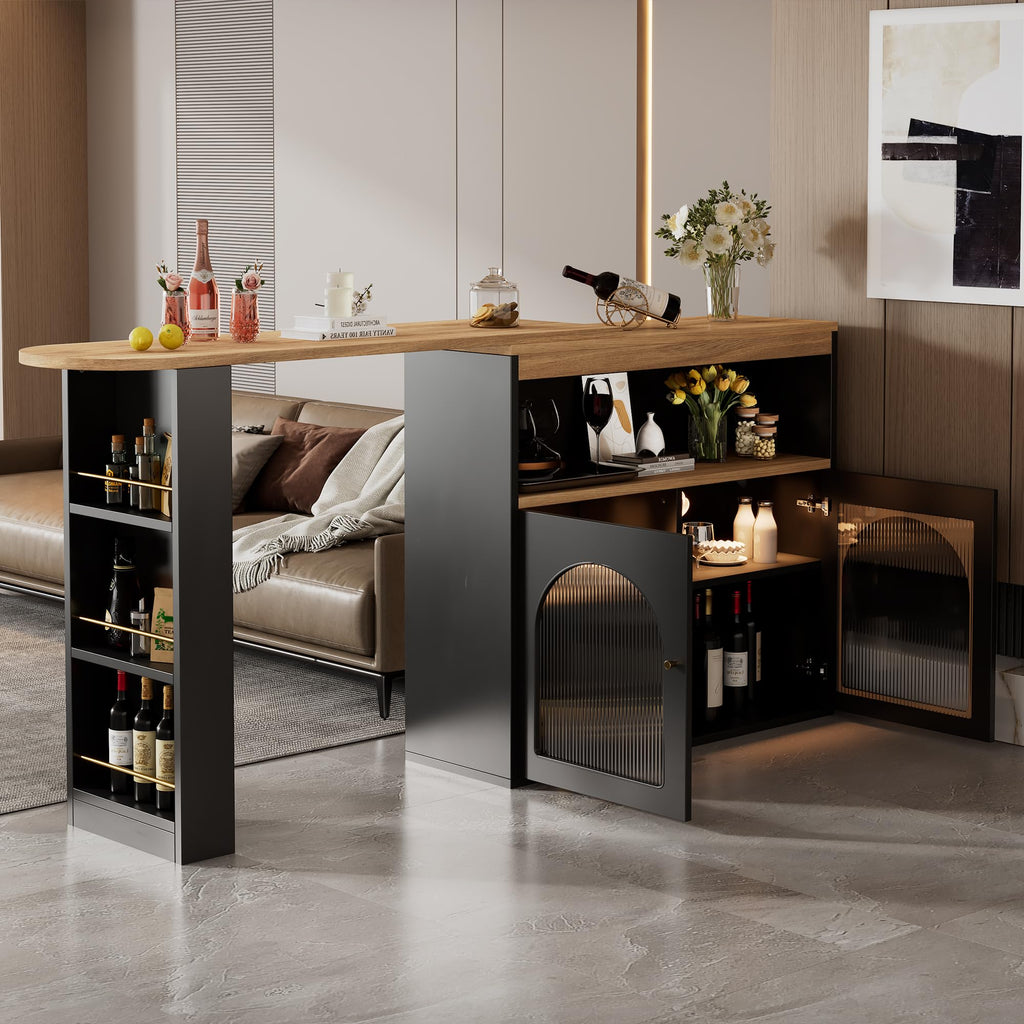 Merax Ausziehbarer Bartisch mit Stauraum, 360° drehbarer Beweglicher Bartisch Küchentheke Kücheninsel Kaffeeecke, mit Offene Ablagefächer, Glasschiebetür, Weiß/120-180 x 45 x 103 cm
