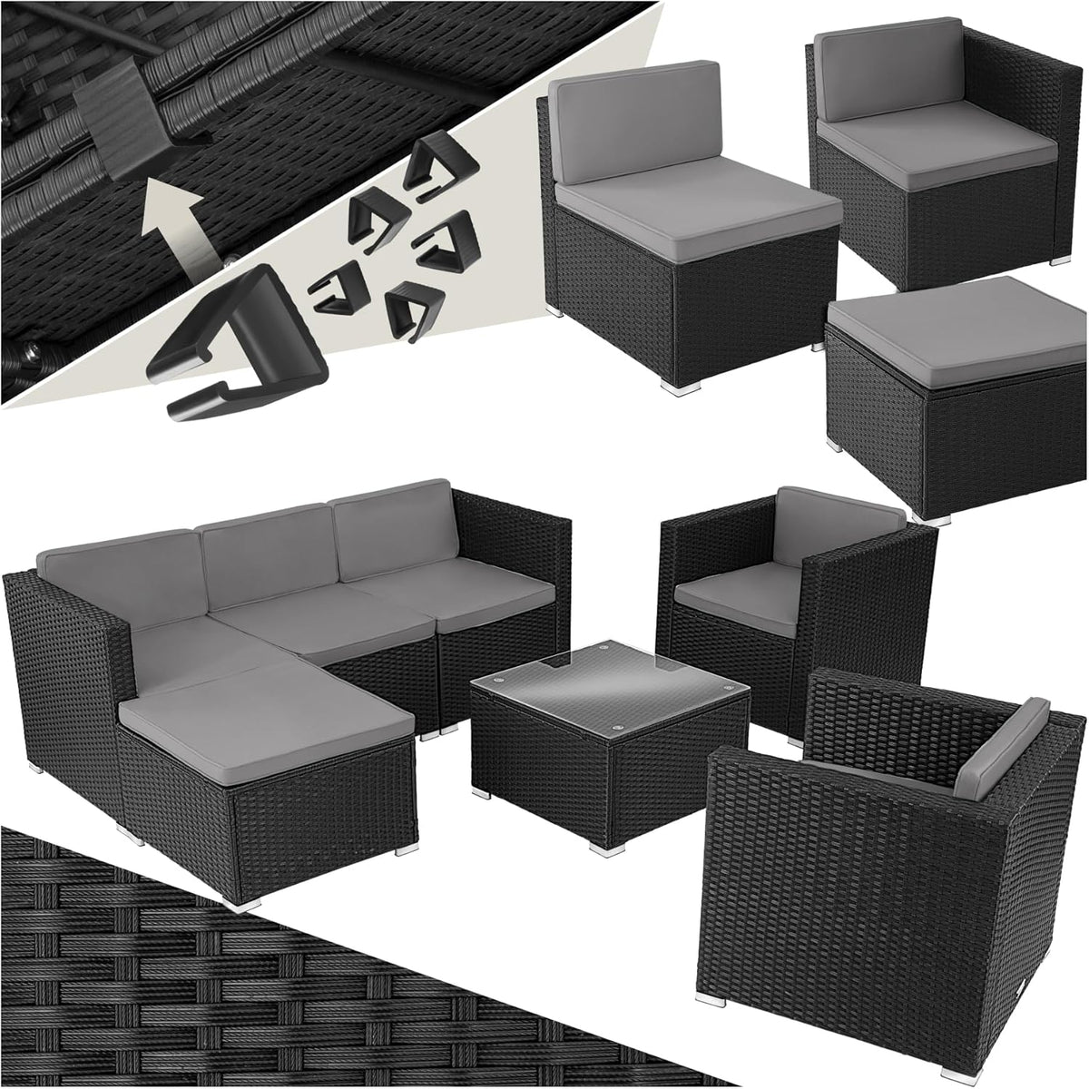 tectake Gartenmöbel Set Poly Rattan mit Sofa, Sesseln, Hocker & Tisch, modulare Gartenlounge wetterfest für Garten, Terrasse & Balkon