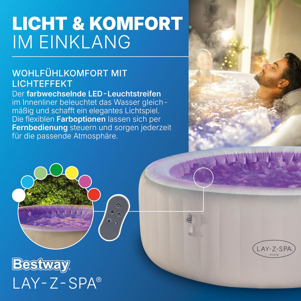 Bestway Lay-Z-SPA Paris AirJet LED-Whirlpool Ø 196 x 66 cm – Aufblasbarer Spa für 6 Personen mit 140 Düsen, beheizbar bis 40°C, stimmungsvolle LED-Beleuchtung für den Garten