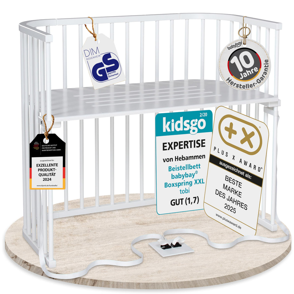 babybay Original Beistellbett aus massivem Buchenholz mit Matratze, höhenverstellbares Babybett für Neugeborene