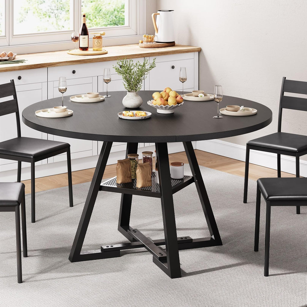 Jocoevol Esstisch Runder für 2–4 Personen, Esszimmertisch mit Ablage, platzsparender Küchentisch aus Holz im Industrial Design (Schwarz, 107x107x76cm)